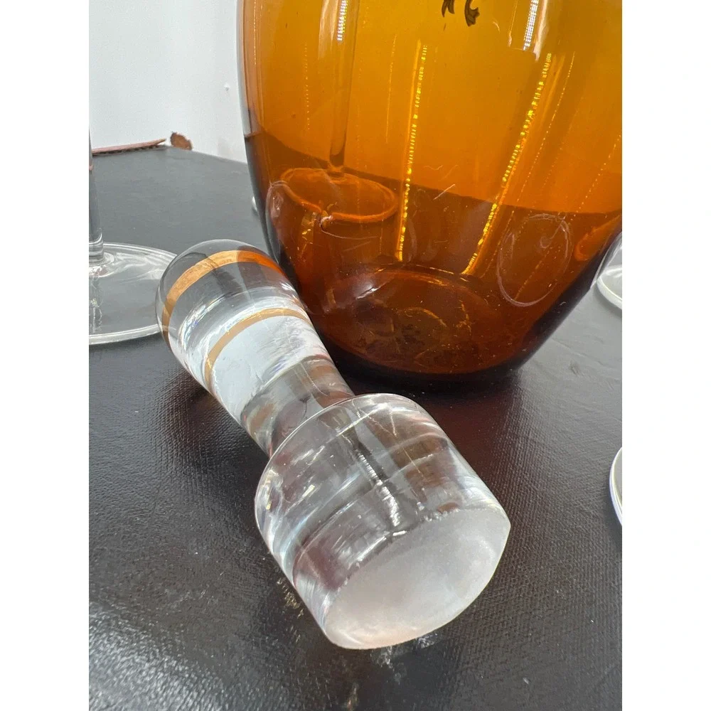 Vintage MCM Amber Glass Decanter Set Gold Encrusted Floral Scroll 4‎ Glasses